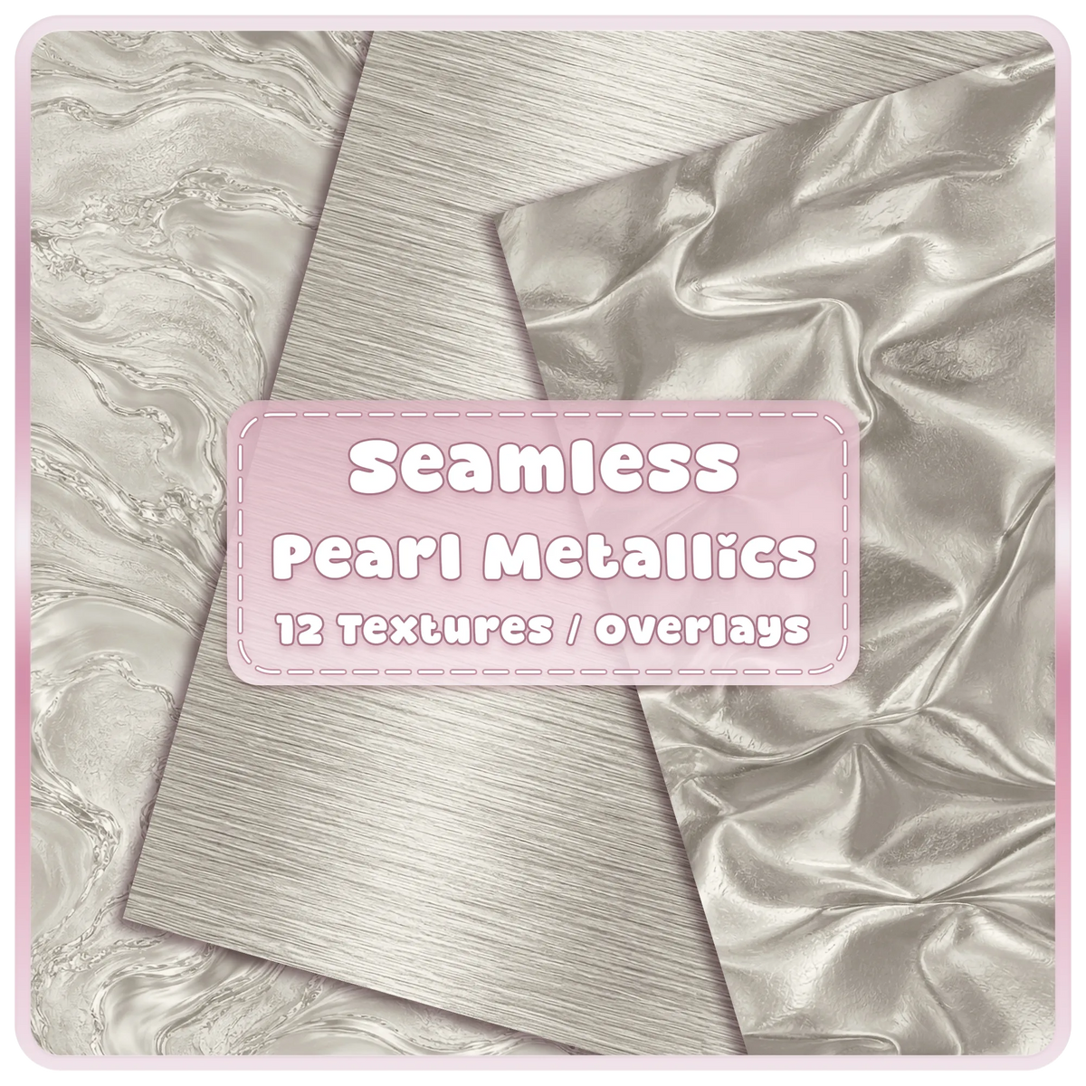 Platinum pearl seamless metallic textures and overlays with silver marble, brushed metal and satin foil digital papers