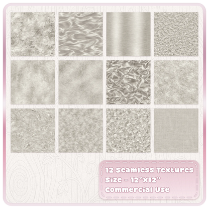 Collection of 12 seamless platinum pearl metallic JPG digital papers featuring silver foil, marble, satin and brushed textures