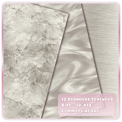 Platinum silver metallic digital paper textures showing distressed foil, smooth pearl satin and brushed metal finishes