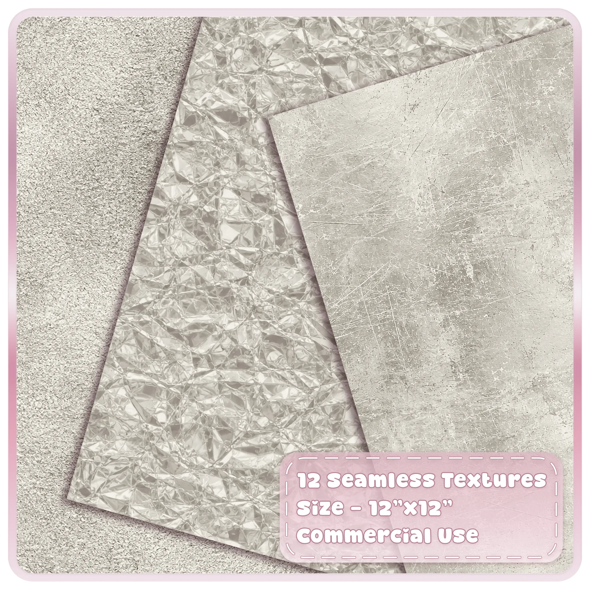 Seamless silver metallic textures featuring grainy pearl shimmer, crumpled foil and distressed platinum overlays