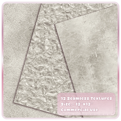 Seamless silver metallic textures featuring grainy pearl shimmer, crumpled foil and distressed platinum overlays