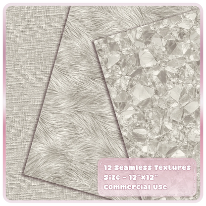 Platinum pearl metallic digital paper featuring woven linen, flowing brushed silver and reflective crystal textures