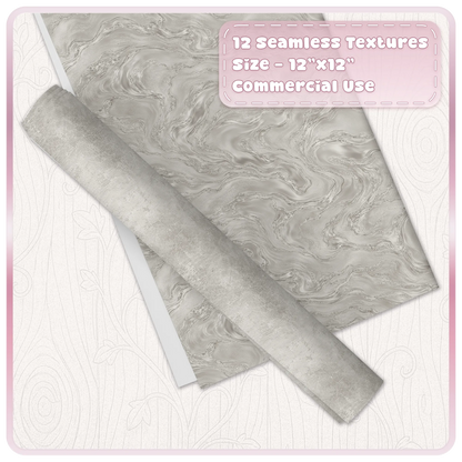 Seamless platinum pearl marble digital paper with rolled distressed silver metallic texture overlay for craft designs