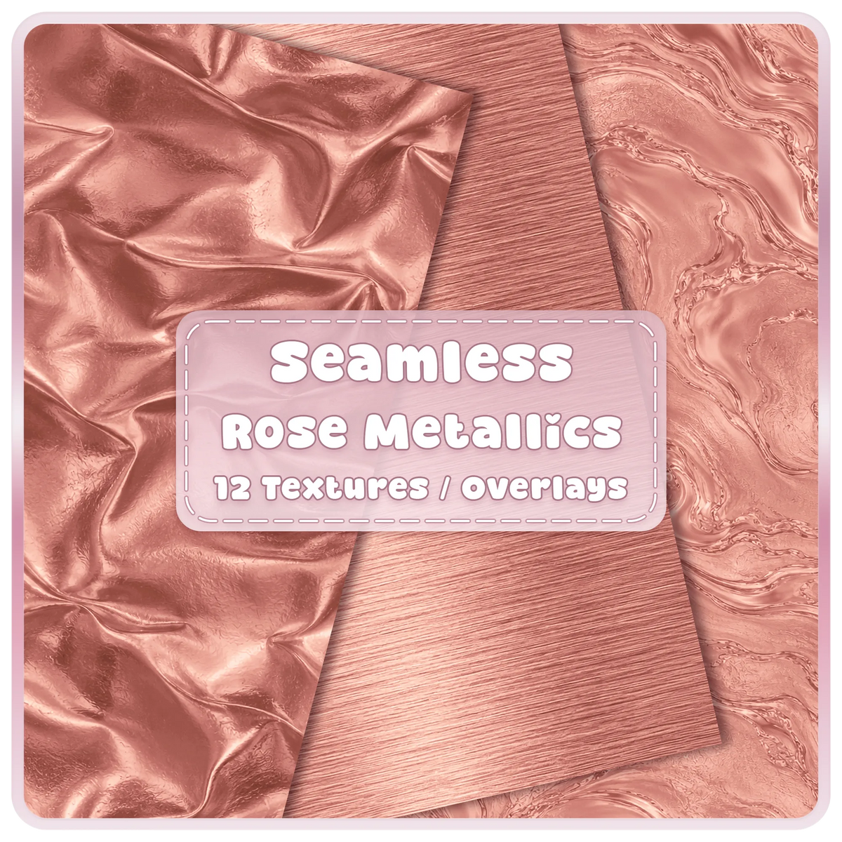 Rose gold seamless metallic textures and overlays featuring shiny folded foil, brushed pink gold metal and flowing marble digital papers