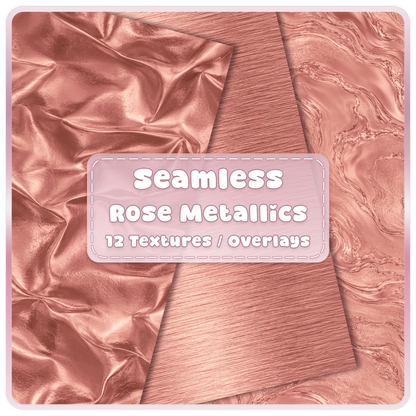 Rose gold seamless metallic textures and overlays featuring shiny folded foil, brushed pink gold metal and flowing marble digital papers