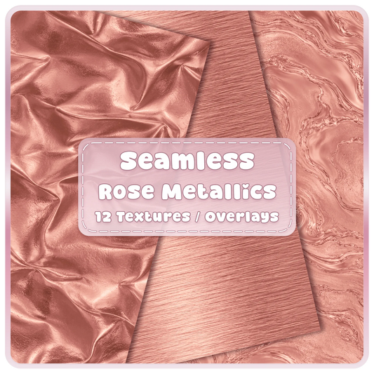 Rose gold seamless metallic textures and overlays featuring shiny folded foil, brushed pink gold metal and flowing marble digital papers