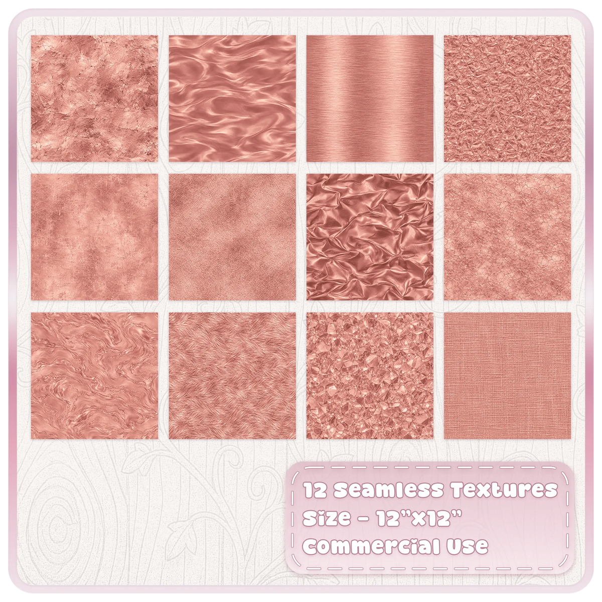 Collection of 12 seamless rose gold metallic JPG digital papers featuring foil, satin, brushed metal and distressed textures