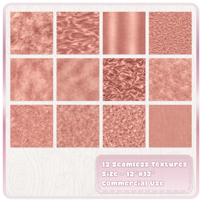 Collection of 12 seamless rose gold metallic JPG digital papers featuring foil, satin, brushed metal and distressed textures
