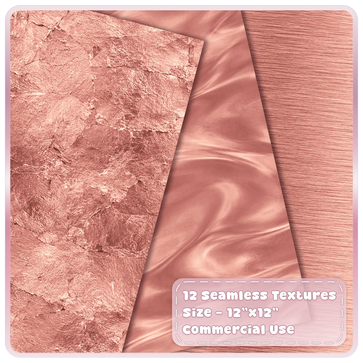Rose gold metallic digital paper textures showing distressed pink gold leaf foil, smooth satin and brushed metal finishes