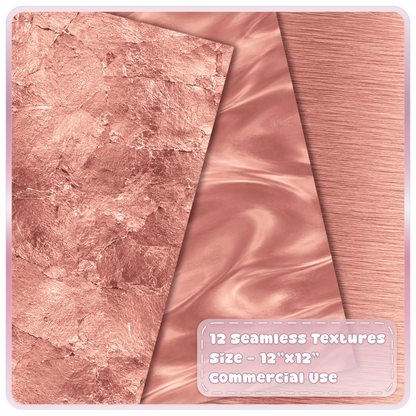 Rose gold metallic digital paper textures showing distressed pink gold leaf foil, smooth satin and brushed metal finishes