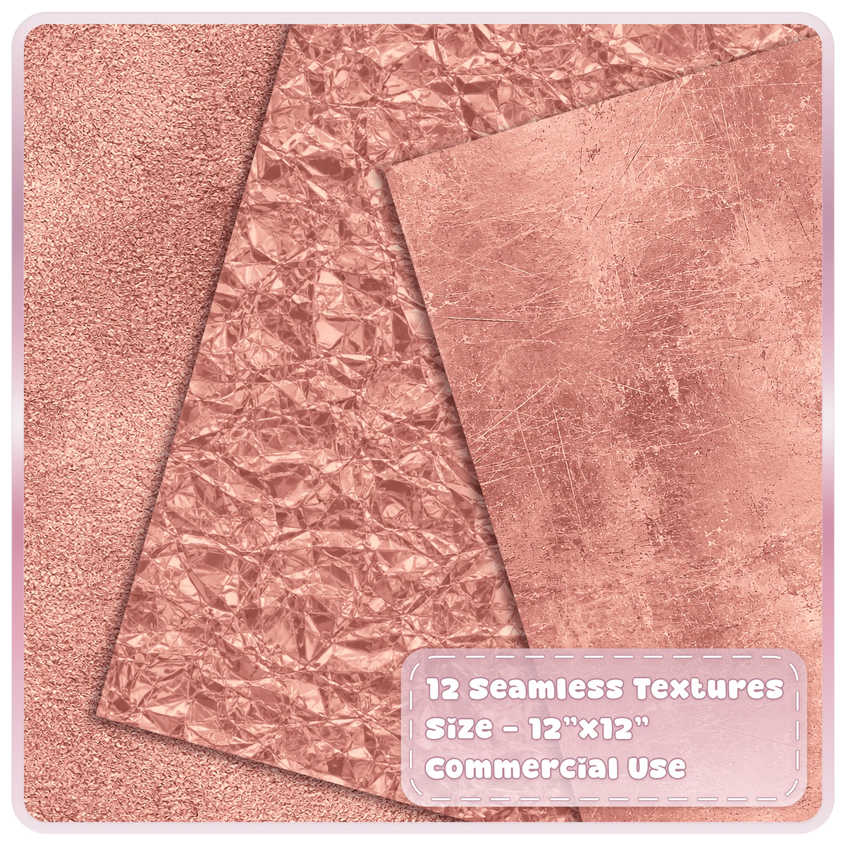 Seamless rose gold metallic textures featuring fine grain shimmer, crumpled foil and scratched distressed metal overlays