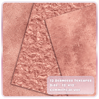 Seamless rose gold metallic textures featuring fine grain shimmer, crumpled foil and scratched distressed metal overlays