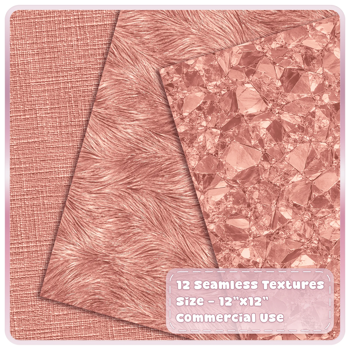 Rose gold metallic digital papers featuring woven linen, flowing brushed pink gold and reflective crystal textures