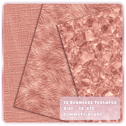 Rose gold metallic digital papers featuring woven linen, flowing brushed pink gold and reflective crystal textures