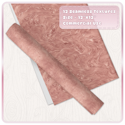 Seamless rose gold marble digital paper with rolled distressed pink metallic texture overlay for scrapbooking and crafts
