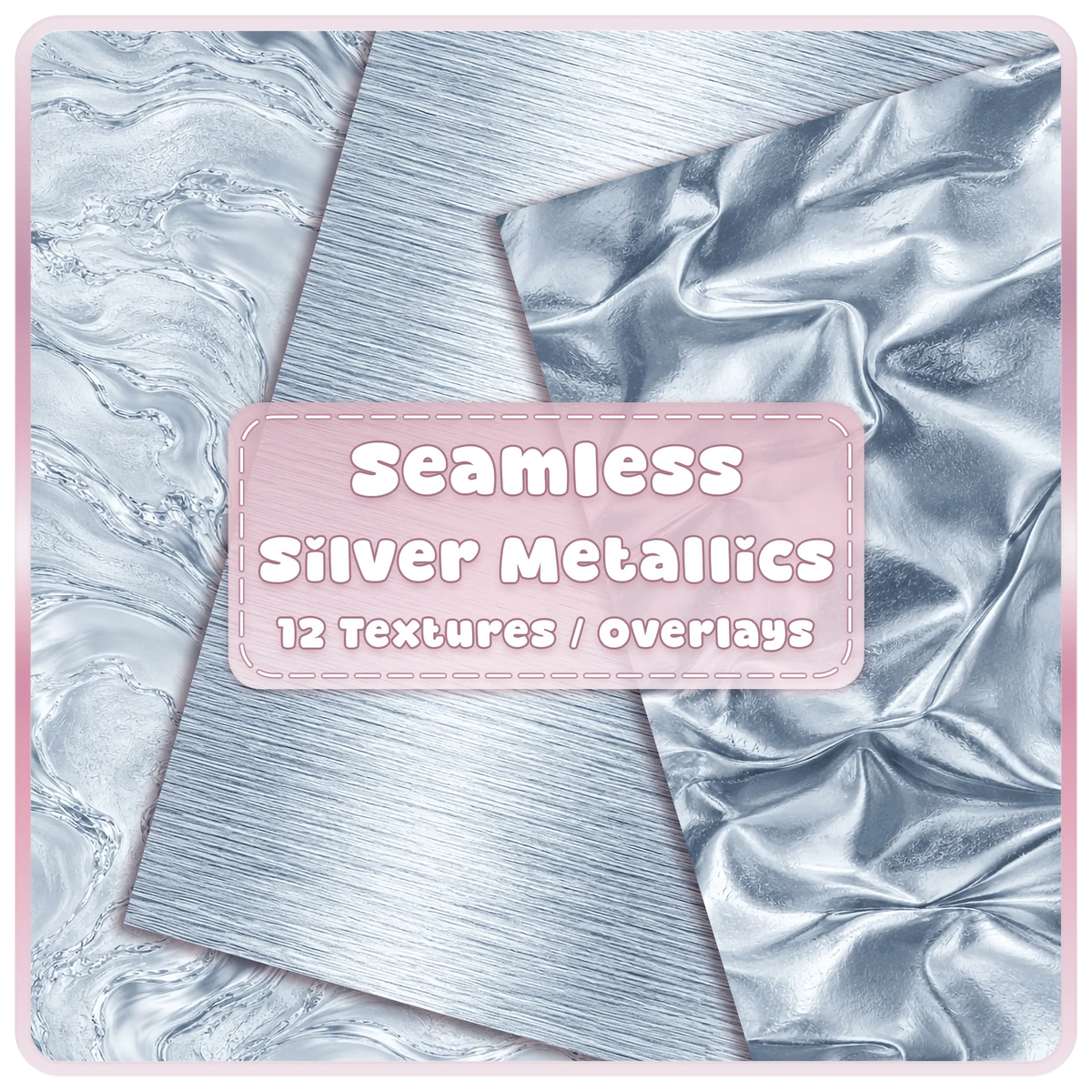 Sterling silver seamless metallic textures and overlays featuring silver marble, brushed steel and shiny folded foil digital papers