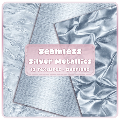 Sterling silver seamless metallic textures and overlays featuring silver marble, brushed steel and shiny folded foil digital papers