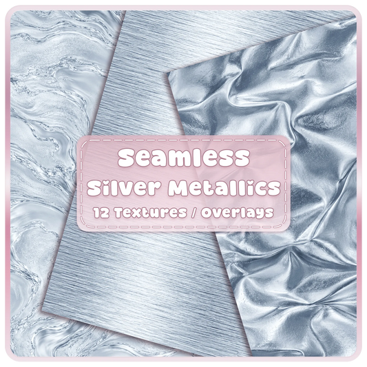 Sterling silver seamless metallic textures and overlays featuring silver marble, brushed steel and shiny folded foil digital papers