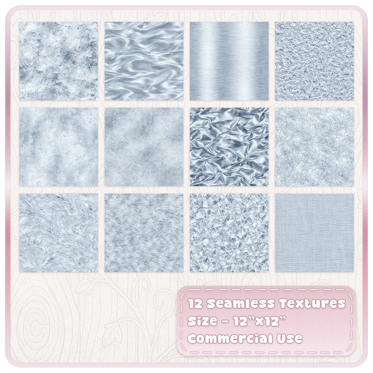 Collection of 12 sterling silver seamless metallic JPG digital papers with silver foil, satin, marble and distressed textures