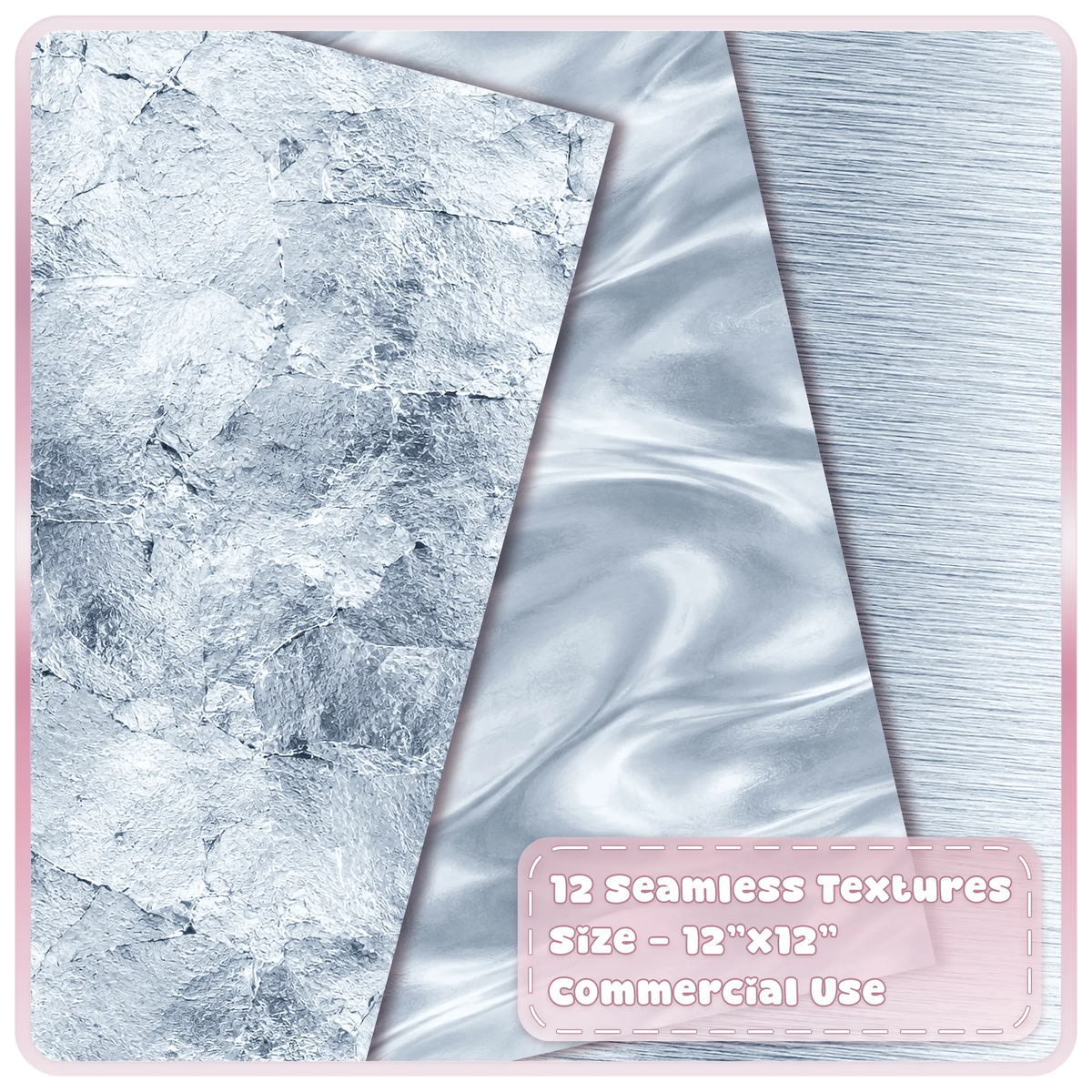 Sterling silver metallic digital papers showing distressed silver leaf foil, smooth satin and brushed steel textures