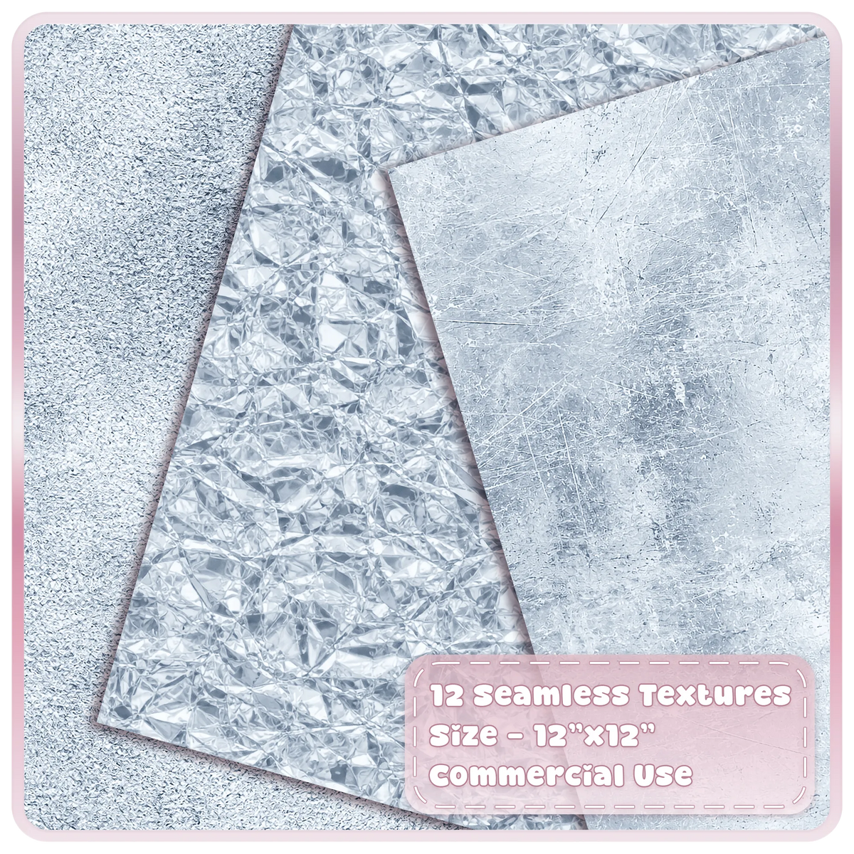 Seamless silver metallic textures featuring grainy silver shimmer, crumpled foil and scratched distressed metal overlays