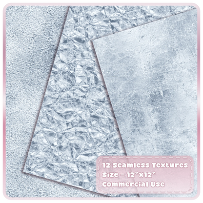 Seamless silver metallic textures featuring grainy silver shimmer, crumpled foil and scratched distressed metal overlays