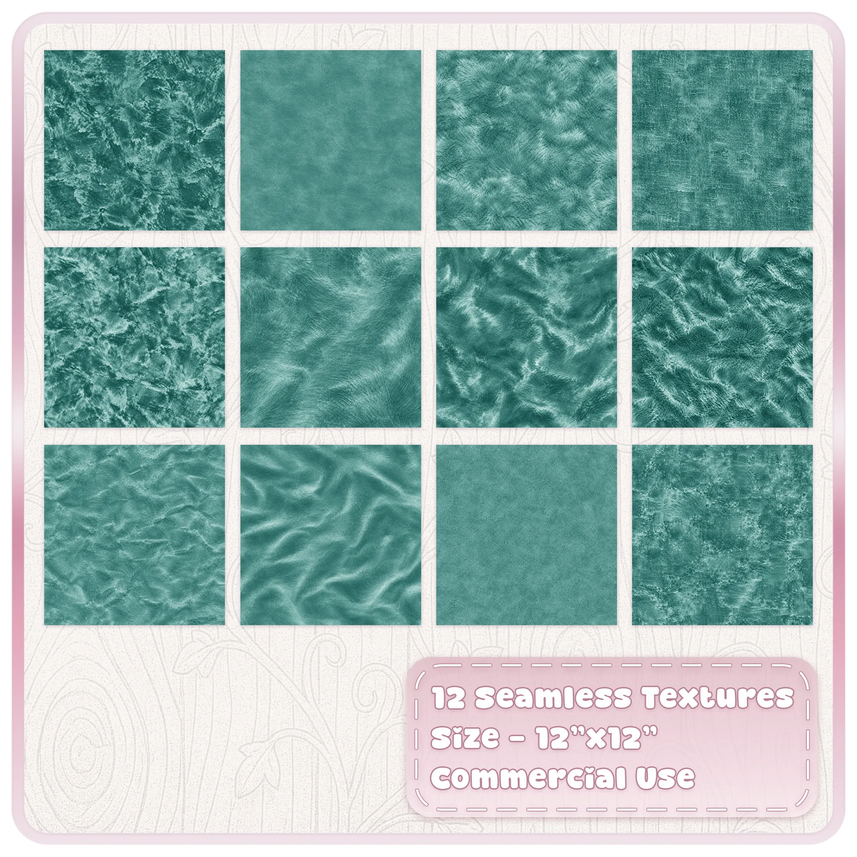 12 seamless teal velvet textures showing crushed, smooth, brushed and plush teal digital paper designs