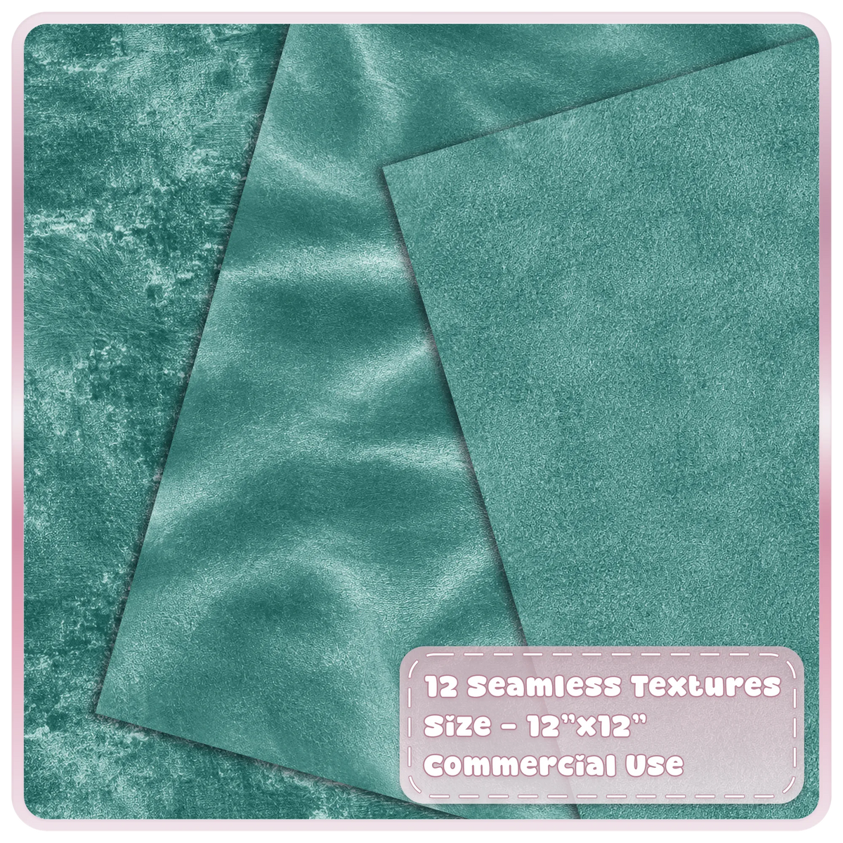 Teal velvet digital papers featuring smooth, crushed and finely textured seamless fabric backgrounds