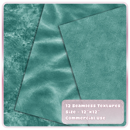 Teal velvet digital papers featuring smooth, crushed and finely textured seamless fabric backgrounds