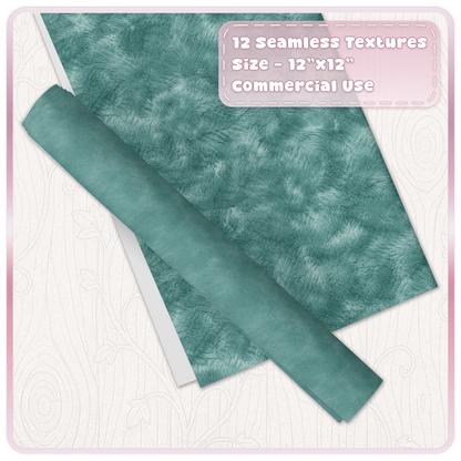 Seamless teal velvet digital paper shown as luxury printable fabric texture sheets and rolled paper