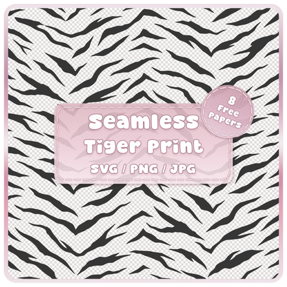 Seamless tiger stripe pattern SVG PNG JPG digital download with angular black animal print and 8 colour examples