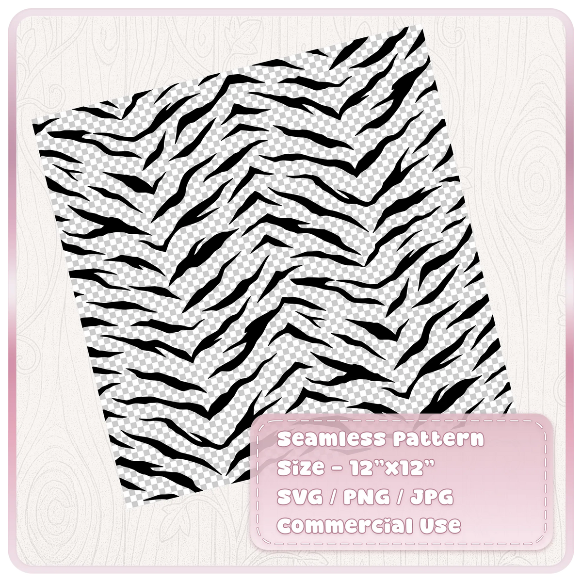 Black seamless tiger stripe SVG pattern on transparent background showing a 12 by 12 inch repeating animal print