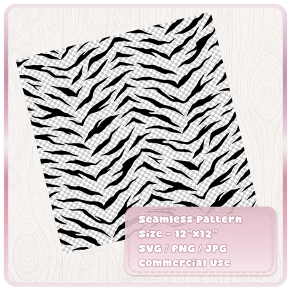 Black seamless tiger stripe SVG pattern on transparent background showing a 12 by 12 inch repeating animal print