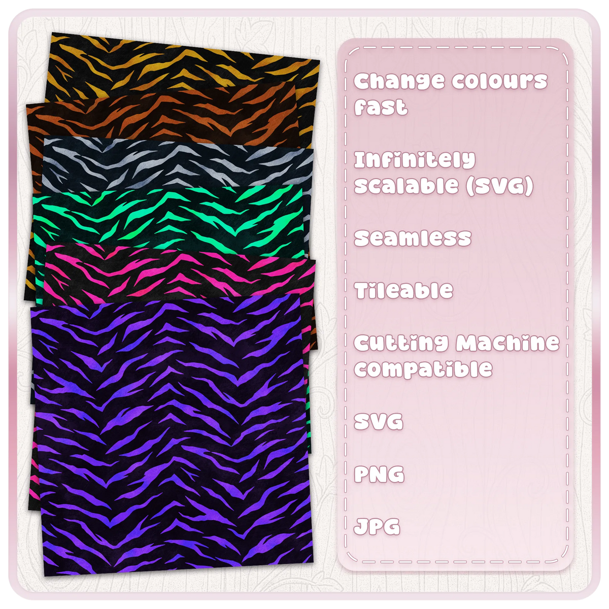 Tiger stripe pattern colour examples in gold rust silver green pink and purple shown on dark backgrounds