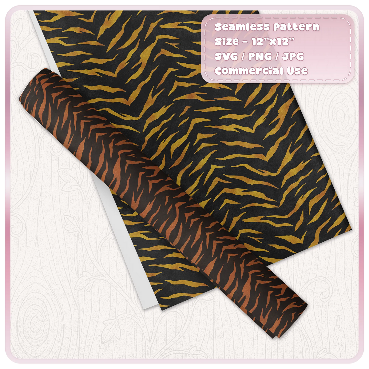 Gold and rust seamless tiger stripe pattern shown on decorative paper and wrapping paper mockup