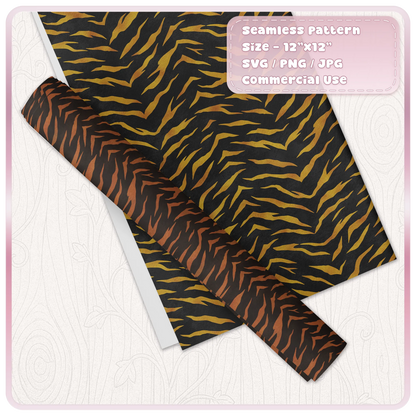 Gold and rust seamless tiger stripe pattern shown on decorative paper and wrapping paper mockup