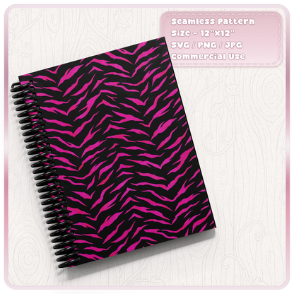 Pink seamless tiger stripe pattern displayed on spiral notebook mockup for stationery and craft projects