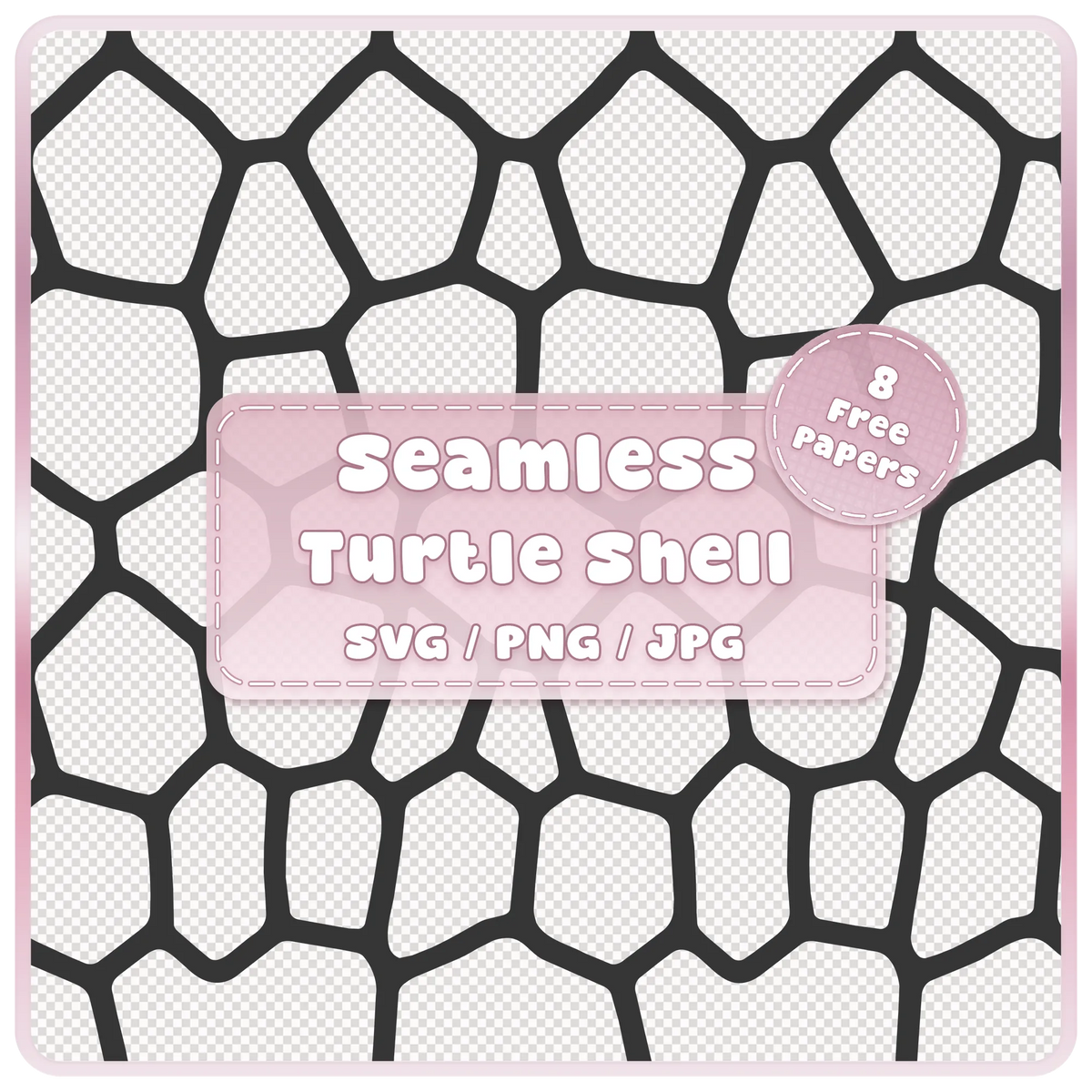 Seamless turtle shell pattern SVG PNG JPG digital download with black reptile shell design and 8 colour examples