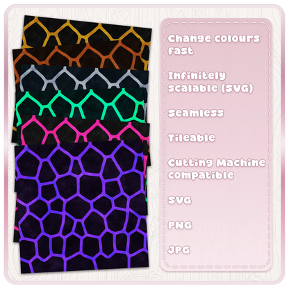 Turtle shell pattern colour examples in gold rust silver green pink and purple on dark backgrounds
