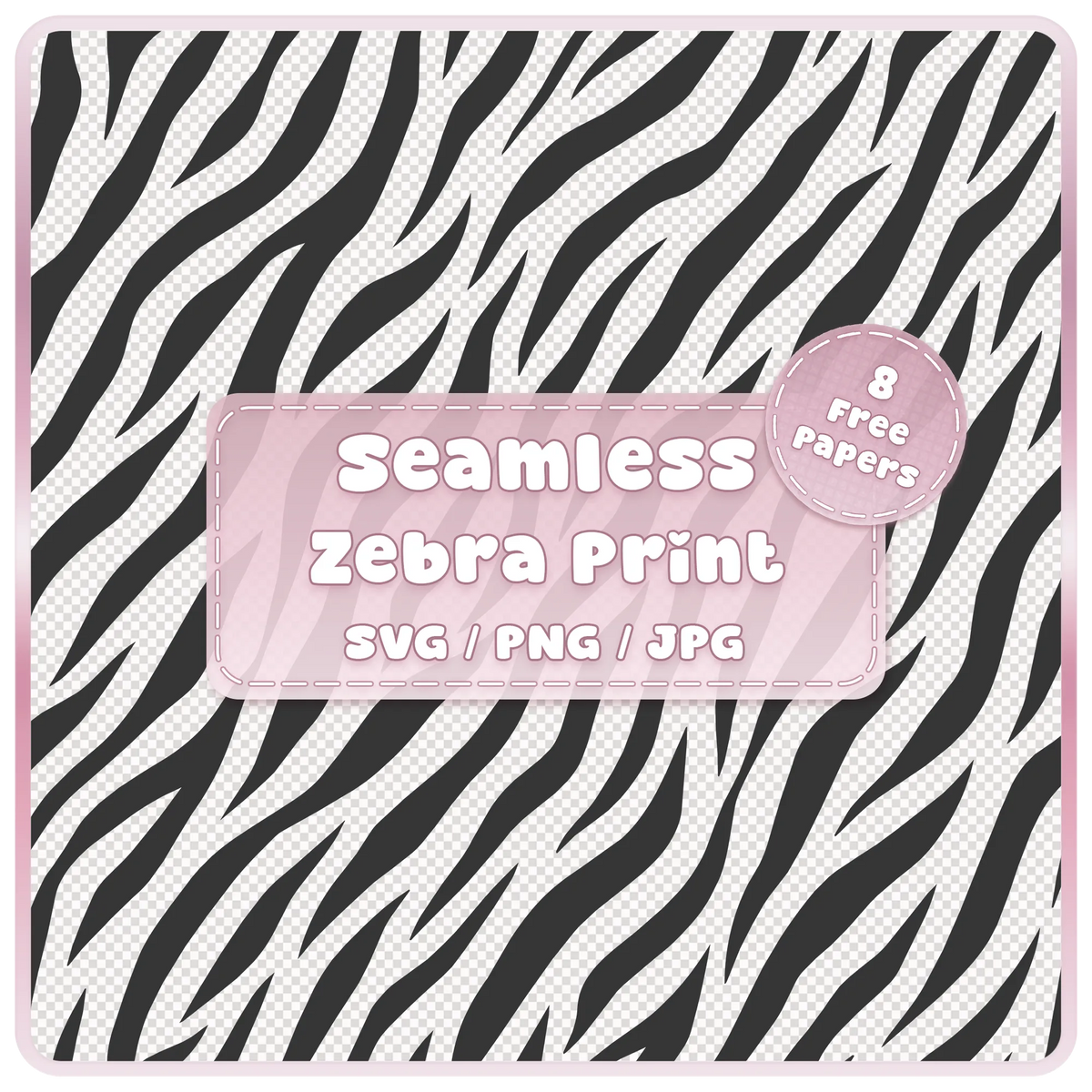 Seamless zebra print pattern SVG PNG JPG digital download with flowing black zebra stripes and 8 colour examples