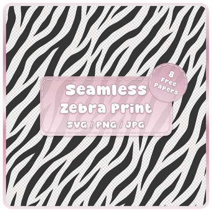 Seamless zebra print pattern SVG PNG JPG digital download with flowing black zebra stripes and 8 colour examples