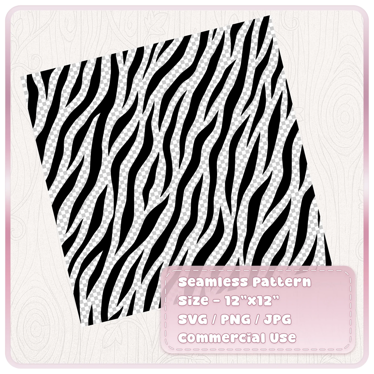 Black seamless zebra stripe SVG pattern on transparent background showing a 12 by 12 inch repeating animal print