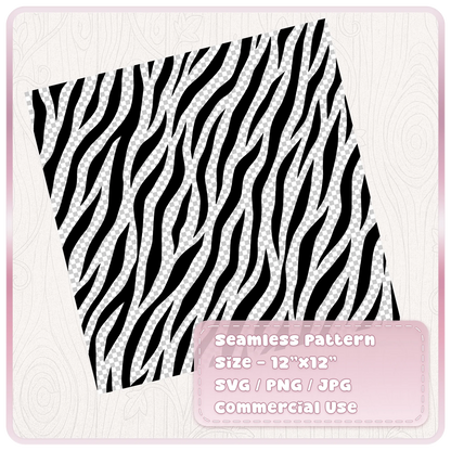 Black seamless zebra stripe SVG pattern on transparent background showing a 12 by 12 inch repeating animal print