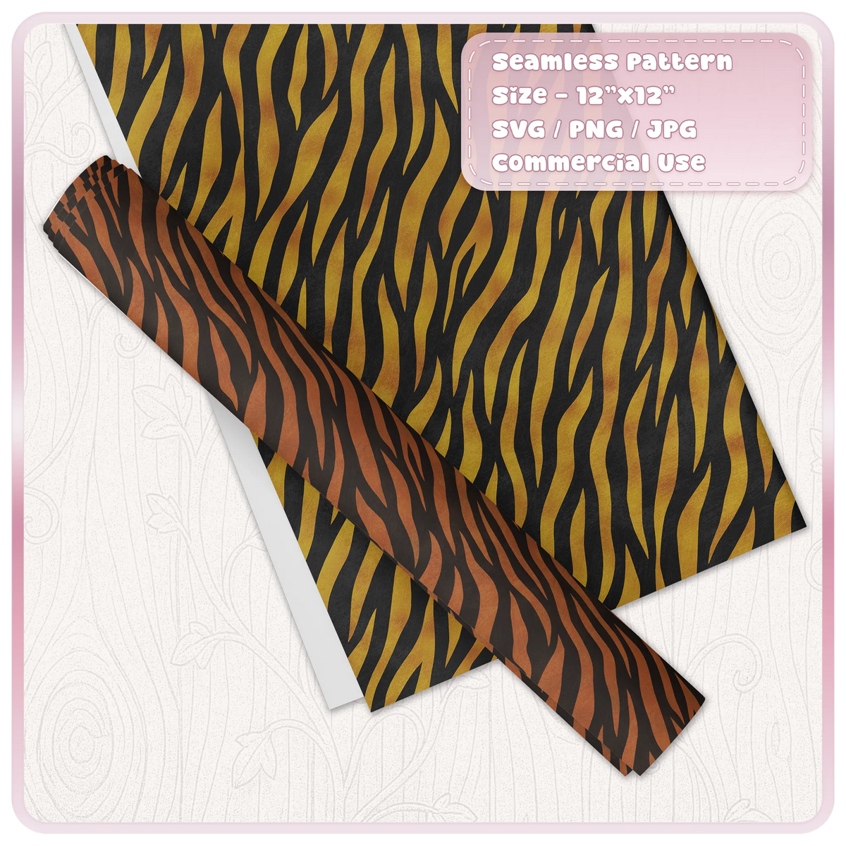 Gold and rust seamless zebra stripe pattern shown on decorative paper and wrapping paper mockup