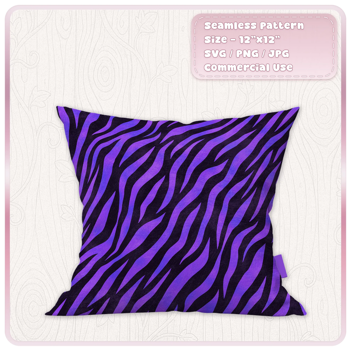 Purple seamless zebra stripe pattern displayed on cushion mockup for fabric and home decor projects