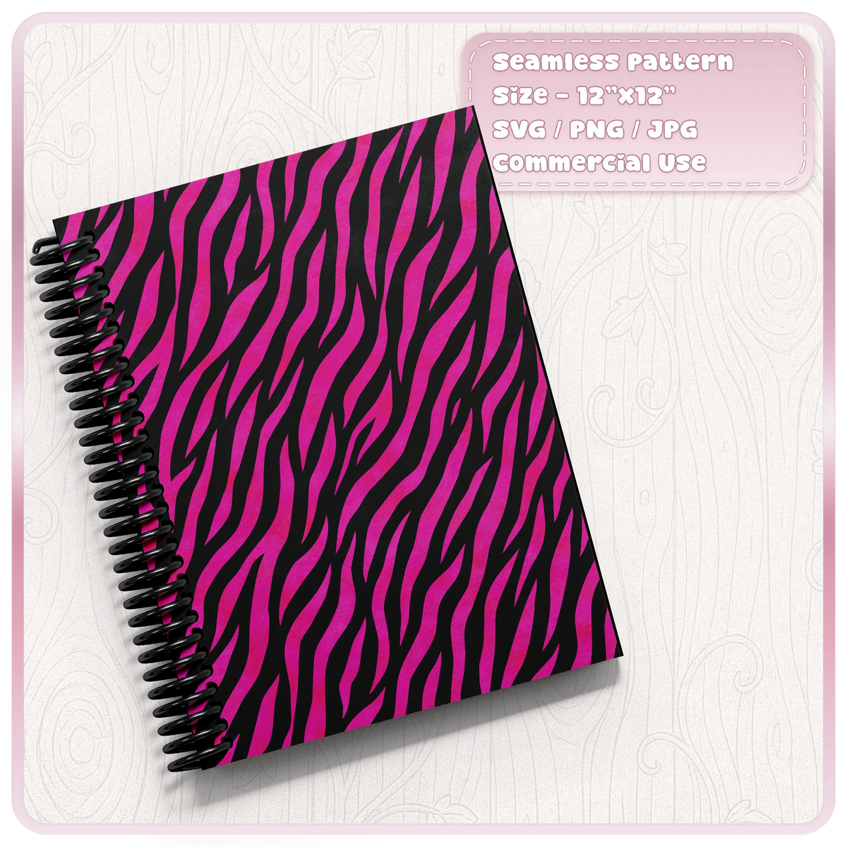 Pink seamless zebra stripe pattern displayed on spiral notebook mockup for stationery and craft projects