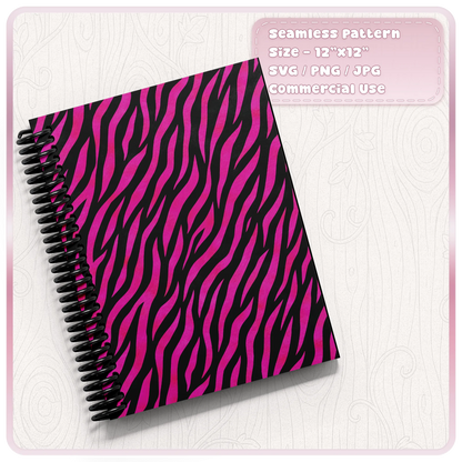 Pink seamless zebra stripe pattern displayed on spiral notebook mockup for stationery and craft projects
