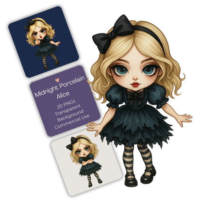 Midnight Porcelain Alice Clipart Pack - 20 PNGs