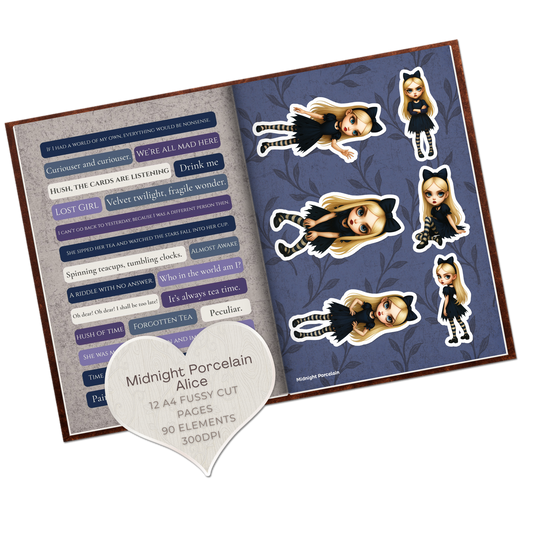 Midnight Porcelain Alice Fussy Cut Collage Pages - 12 JPGS