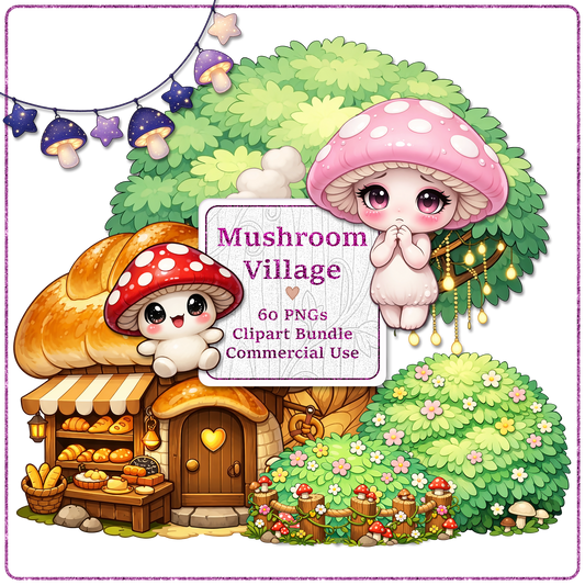 Mushroom Village Clipart Bundle 60 PNGs